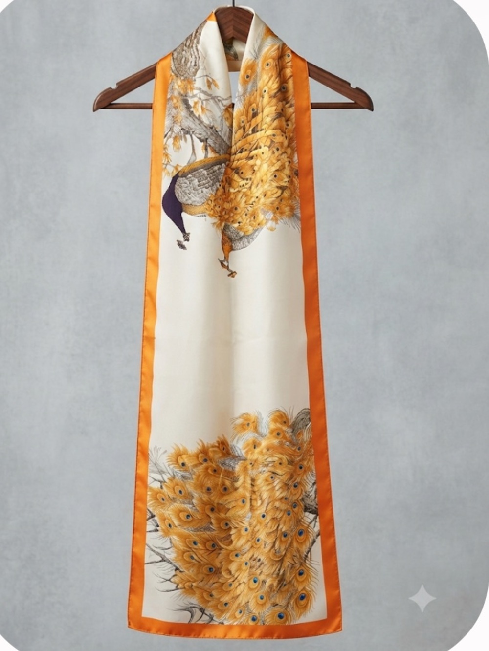 Silk Peacock Feather Printed Cream & Orange Large Scarf Wrap